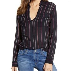 Rails Selena Baja Stripe Pullover Black Colorful Linen Rayon Shirt Size Small